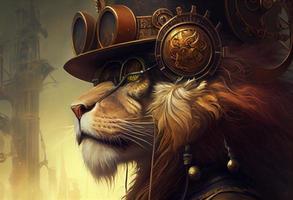ein Löwe tragen ein Steampunk Hut und ein Steampunk Maske, Fantasie Kunst, Dampfpunk. generieren ai foto