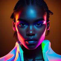 Mode Porträt schön schwarz Frau, aussehen beim Kamera, im Neon- Studio Beleuchtung. generieren ai. foto