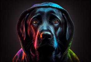 hoch Detail, schließen oben Porträt, ein schwarz Labrador im zerrissen Kapuzenpullover, suchen beim das Kamera, Studio Schuss, , dunkel Modus, traurig, Tiefe von Feld, Mode, Neon- glühen Hintergrundbeleuchtung, Silhouette. generieren ai foto