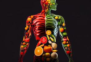 gesund Ernährung und Diät Konzept. Mensch Körper gemacht von frisch Früchte und Gemüse. generieren ai. foto