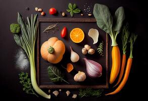 frisch köstlich Zutaten von organisch Essen zum gesund Kochen , frisch Farmer Gemüse auf ein schwarz Tafel Hintergrund. generieren ai foto