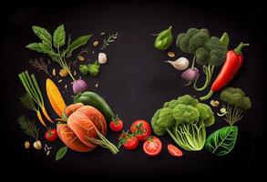 frisch köstlich Zutaten von organisch Essen zum gesund Kochen , frisch Farmer Gemüse auf ein schwarz Tafel Hintergrund. generieren ai foto