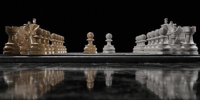 Seitenansicht eines Schachbretts auf einem dunklen Marmortisch mit zwei einander gegenüberliegenden Bauern auf einem schwarzen Hintergrund, 3D-Darstellung foto
