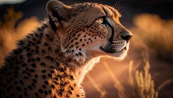 Gepard Porträt im das Morgen Sonne im Savanne. generativ ai. foto