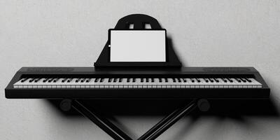 E-Piano auf einem Metallständer mit einem leeren Tablett, 3D-Render foto