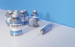 Coronavirus-Impfstoff auf einem weißen Tisch, 3D-Rendering