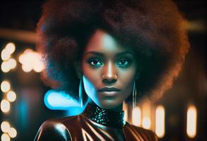 elegant und modisch schwarz Frau mit afro Haar im Disko Verein. generieren ai. foto