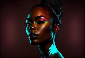 Mode Porträt schön schwarz Frau, aussehen beim Kamera, im Neon- Studio Beleuchtung. generieren ai. foto