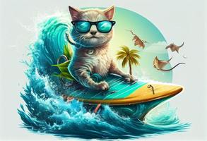 komisch Katze im Sonnenbrille Fahrten ein Surfbrett auf das Ozean Wellen. Sommer- Ferien Konzept. generieren ai. foto