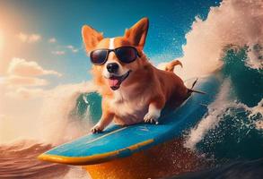 komisch Hund im Sonnenbrille Fahrten ein Surfbrett auf das Ozean Wellen. Sommer- Ferien Konzept. generieren ai. foto