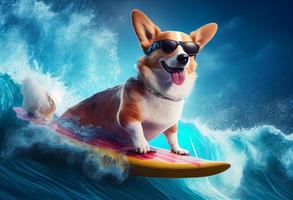 komisch Hund im Sonnenbrille Fahrten ein Surfbrett auf das Ozean Wellen. Sommer- Ferien Konzept. generieren ai. foto