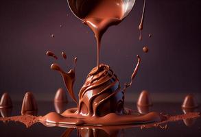 Pralinen fallen lassen in Flüssigkeit Kakao Schokolade. generieren ai. foto