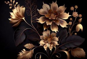 Foto golden Blumen auf schwarz Hintergrund elegant Blumen- Hintergrund. generieren ai