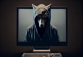 Wolf Kopf hinter ein Computer Bildschirm zu symbolisieren ein Raubtier. generieren ai foto