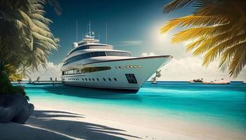 Luxus Yacht Docking auf ein Paradies Strand mit Türkis Wasser und Palme Bäume . generieren ai foto