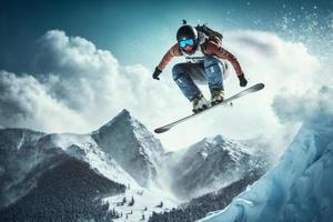 extrem Athlet Sport Ski springen auf Berg. generieren ai foto