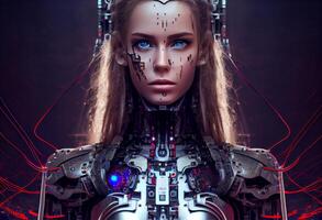 künstlich Intelligenz ein Humanoid Cyber Mädchen mit Technologie Clever Roboter ai. generieren ai foto