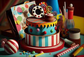 Feier Party Geburtstag Kuchen mit viele von Glasur und Dekorationen. generieren ai foto