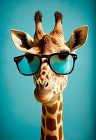 kreativ Tier Komposition. Giraffe tragen Schatten Sonnenbrille Brille isoliert. Pastell- Gradient Hintergrund. mit Text Kopieren Raum . generieren ai foto