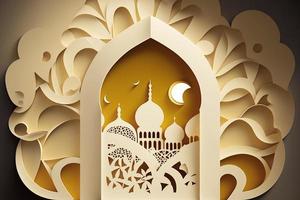 Illustration von abstrakt Papier Schnitt Moschee, Halbmond, Muster, Fenster und Straße zum Gruß Karte. generieren ai. foto