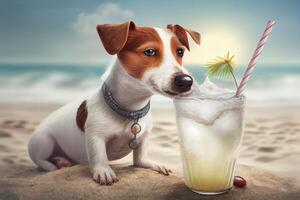 süß Hund - - Jack Russell Terrier, genießen auf das Strand mit ein Kokosnuss trinken. generieren ai foto