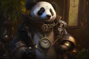 Panda mit ein Steampunk Uhr Lanyard um seine Nacken, schützen ein sicher. generieren ai foto