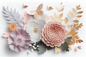 abstrakt Schnitt Papier Blumen isoliert auf Weiss, botanisch Hintergrund, festlich Blumen- Anordnung. Rose, Gänseblümchen, Dahlie, Schmetterling und Blätter im Pastell- Farbe Palette. einfach modern Mauer Dekor. generieren ai foto