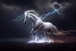 ein Weiß Pferd läuft durch dunkel Sturm Wolken unter Blitz. generieren ai foto