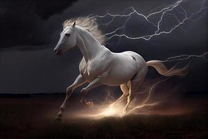 ein Weiß Pferd läuft durch dunkel Sturm Wolken unter Blitz. generieren ai foto