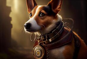 Hund mit ein Steampunk Uhr Lanyard um seine Hals schützen ein sicher. generieren ai foto