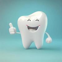 3d realistisch glücklich Weiß Zahn , Zahn Karikatur Zeichen mit Daumen oben auf hell Hintergrund , Reinigung und Bleaching Zähne Konzept. generieren ai foto
