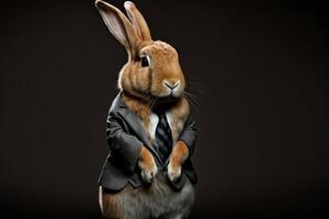 braun Hase Hase Geschäftsmann im ein formal passen auf ein dunkel Hintergrund generativ ai foto