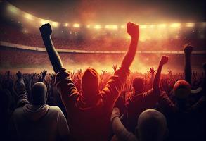 zurück Aussicht von Fußball, Fußball Fans Jubel ihr Mannschaft Stadion beim Abend Zeit.. generieren ai. foto