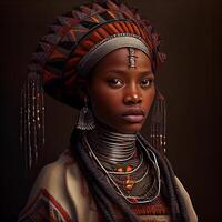 Porträt realistisch Grafik von ein afrikanisch Frau mit stark Gesichts- Eigenschaften im National Kleider - - ai generiert Bild foto