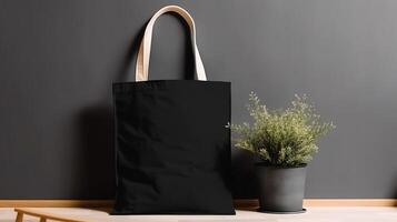 generativ ai, realistisch schwarz Tasche Segeltuch Stoff Tasche installieren im beim Zuhause minimalistisch Innere mit Pflanzen, spotten oben leer. foto