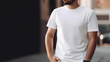 generativ ai, realistisch Weiß T-Shirt spotten oben leer stellen auf jung Mann, Copyspace zum Präsentation Werbung. leer Geschäft Konzept foto