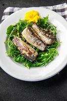 Salat Sardine frisch Grün Blätter Meeresfrüchte Snack Mahlzeit Essen auf das Tabelle Kopieren Raum Essen Hintergrund rustikal oben Aussicht foto