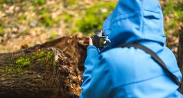 Mädchen, das Bilder mit Reflexkamera in der Natur macht foto