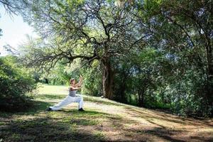 ein Frau Praktiken Methoden Ausübungen tai Chi im Parks. großartig Allgemeines Schuss. üben draußen bietet ein Ruhe und entspannend Umgebung zum Meditation und Konzentration. foto