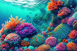 bunt Meer Hintergrund mit felsig Unterseite Felsbrocken Algen und Korallen durch ai generiert foto