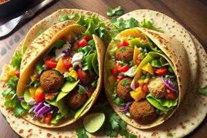 Tortilla wickeln mit Falafel und frisch Salat vegan Tacos Vegetarier gesund Essen durch ai generiert foto