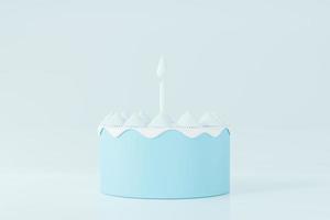 süß Geburtstag Kuchen 3d Rendern Blau Weiß Sahne Farbe mit ein Kerze, Süss Kuchen zum ein Überraschung Geburtstag, Valentinstag Tag mit Kopieren Raum zum Text auf ein Blau Hintergrund. foto