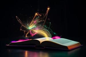 Buch mit Neon- Beleuchtung. generieren ai foto