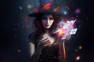 Magie Hexe mit Karten. generieren ai foto
