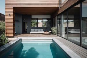 Holz Terrasse sauber Schwimmbad. generieren ai foto