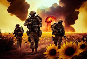 Militär- Besondere Kräfte Soldaten Kreuze zerstört Kriegsgebiet durch Feuer und Rauch im ein Sonnenblume Feld generieren ai. foto