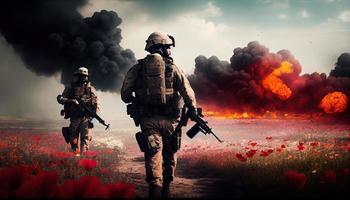 Militär- Besondere Kräfte Soldaten Kreuze zerstört Kriegsgebiet durch Feuer und Rauch im ein Frühling Blume Feld generieren ai. foto