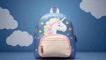 cool Einhorn Kinder Mädchen Leder Rucksack mit dekorativ Wolken und Sterne. generieren ai. foto