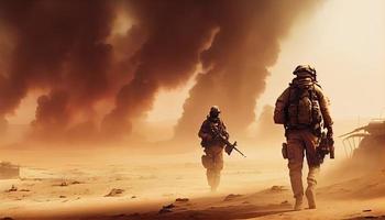 Militär- Besondere Kräfte Soldaten Kreuze zerstört Kriegsgebiet durch Feuer und Rauch im das Wüste. generieren ai. foto