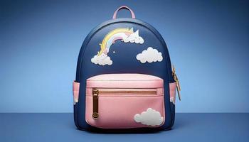 cool Einhorn Kinder Mädchen Leder Rucksack mit dekorativ Wolken und Sterne. generieren ai. foto